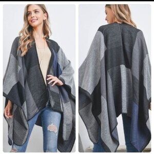 Plaid Open Front Poncho Wrap Cardigan For Women Black/Grey/Blue Colorblock Soft